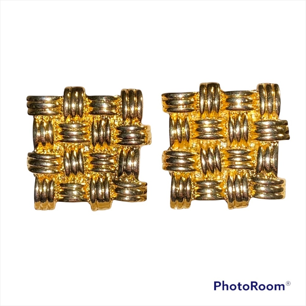 Vintage Earrings Basketweave Art Deco Square Gold Tone Clip Back